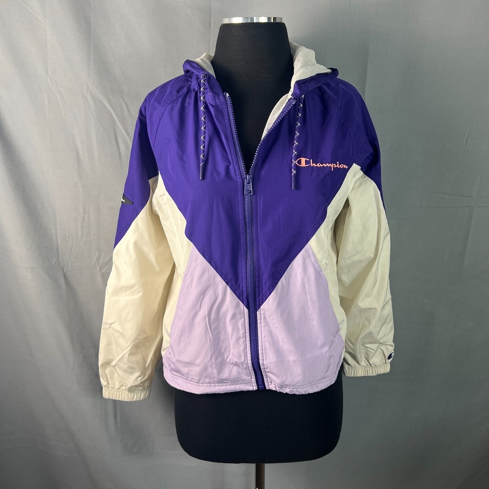 Champion Windbreaker Jacket Womens XS Purple White Mesh Lined Hooded Full Zip
